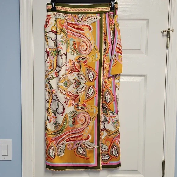 ANTONIO MELANI Satin Clio Scarf Wrap Maxi Skirt: Multi Color Print: Size- 10 - Picture 1 of 16